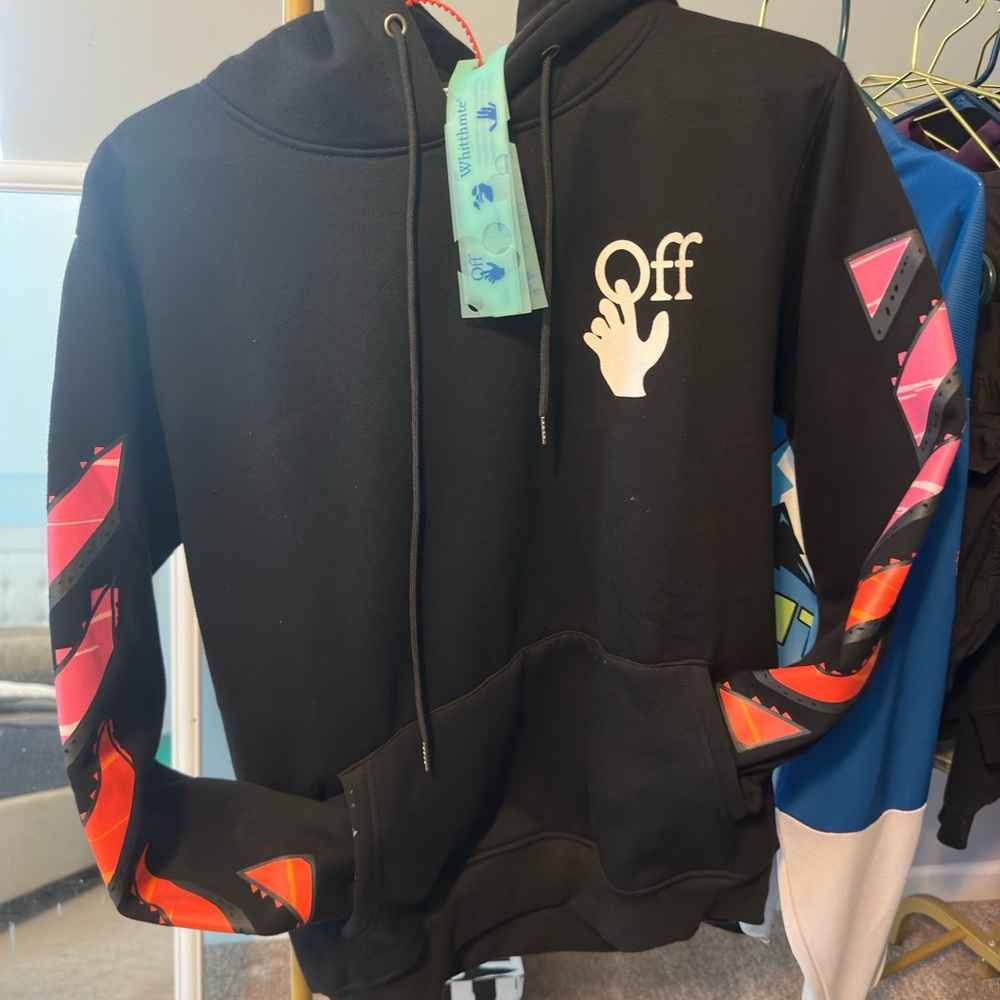 Off-White Black Hoodie with Red and Pink Accents